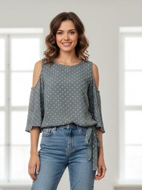 New York & Company Cold Shoulder Blouse gray white polka dot bottom tie size MED
